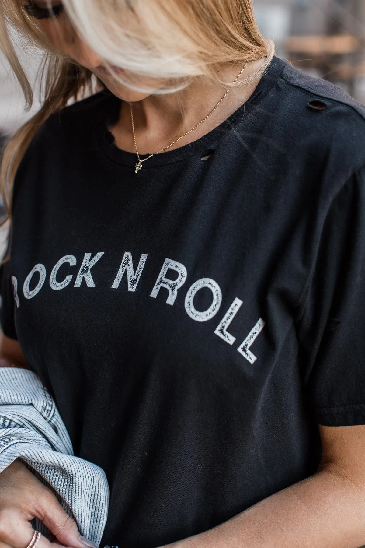 Rock N Roll Distressed Graphic Tee- Black