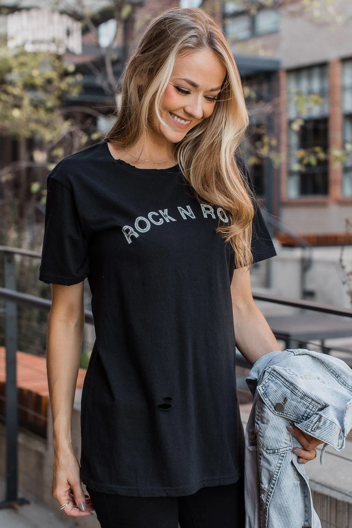 Rock N Roll Distressed Graphic Tee- Black