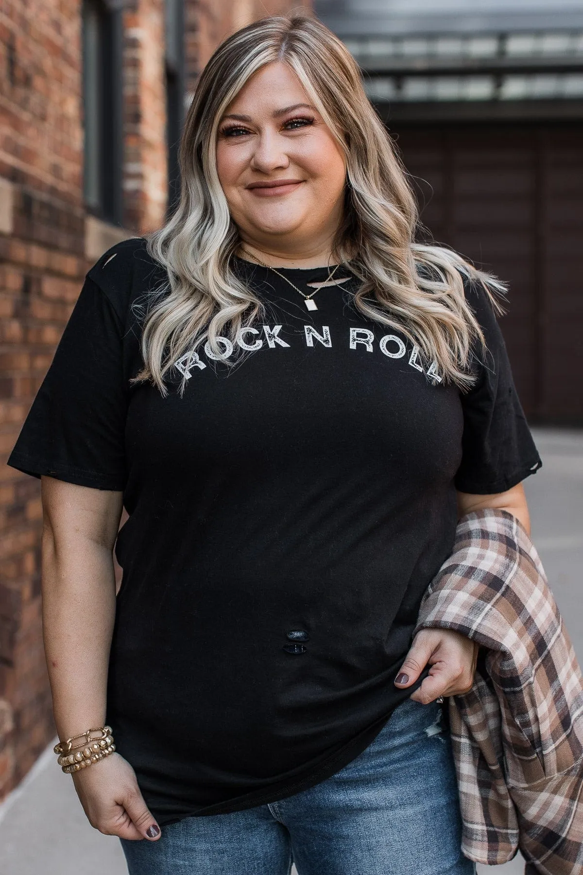 Rock N Roll Distressed Graphic Tee- Black