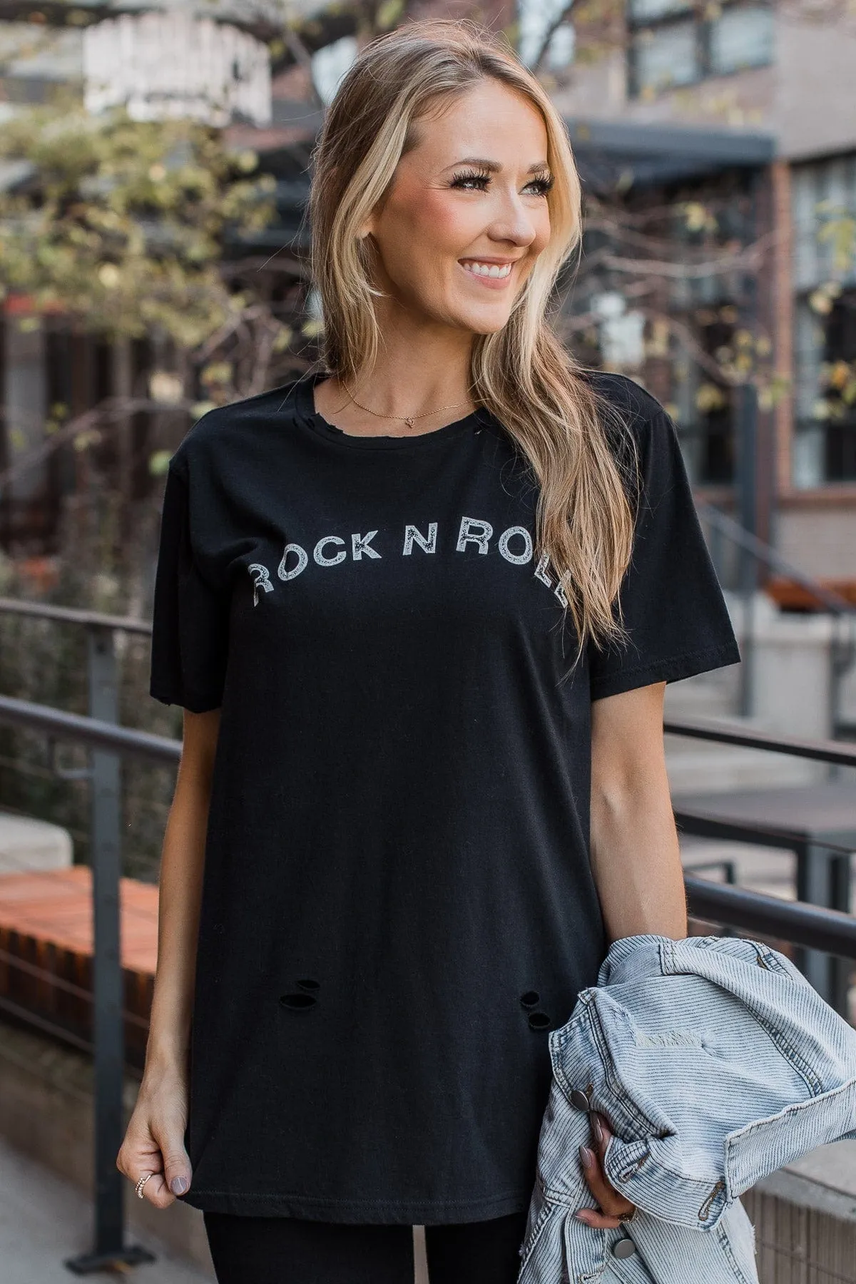 Rock N Roll Distressed Graphic Tee- Black