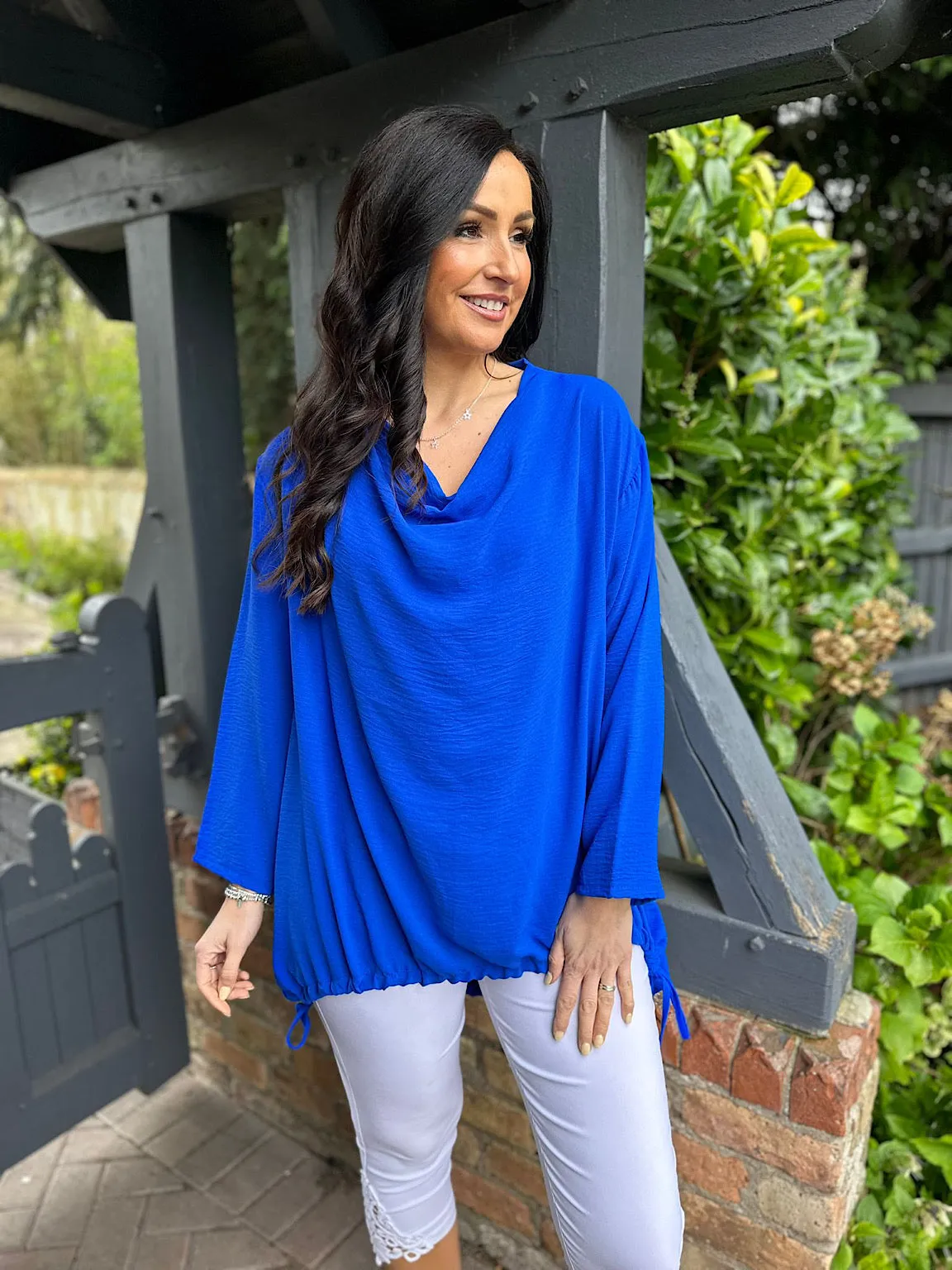 Royal Blue Drape Neck Drawstring Top Gwen