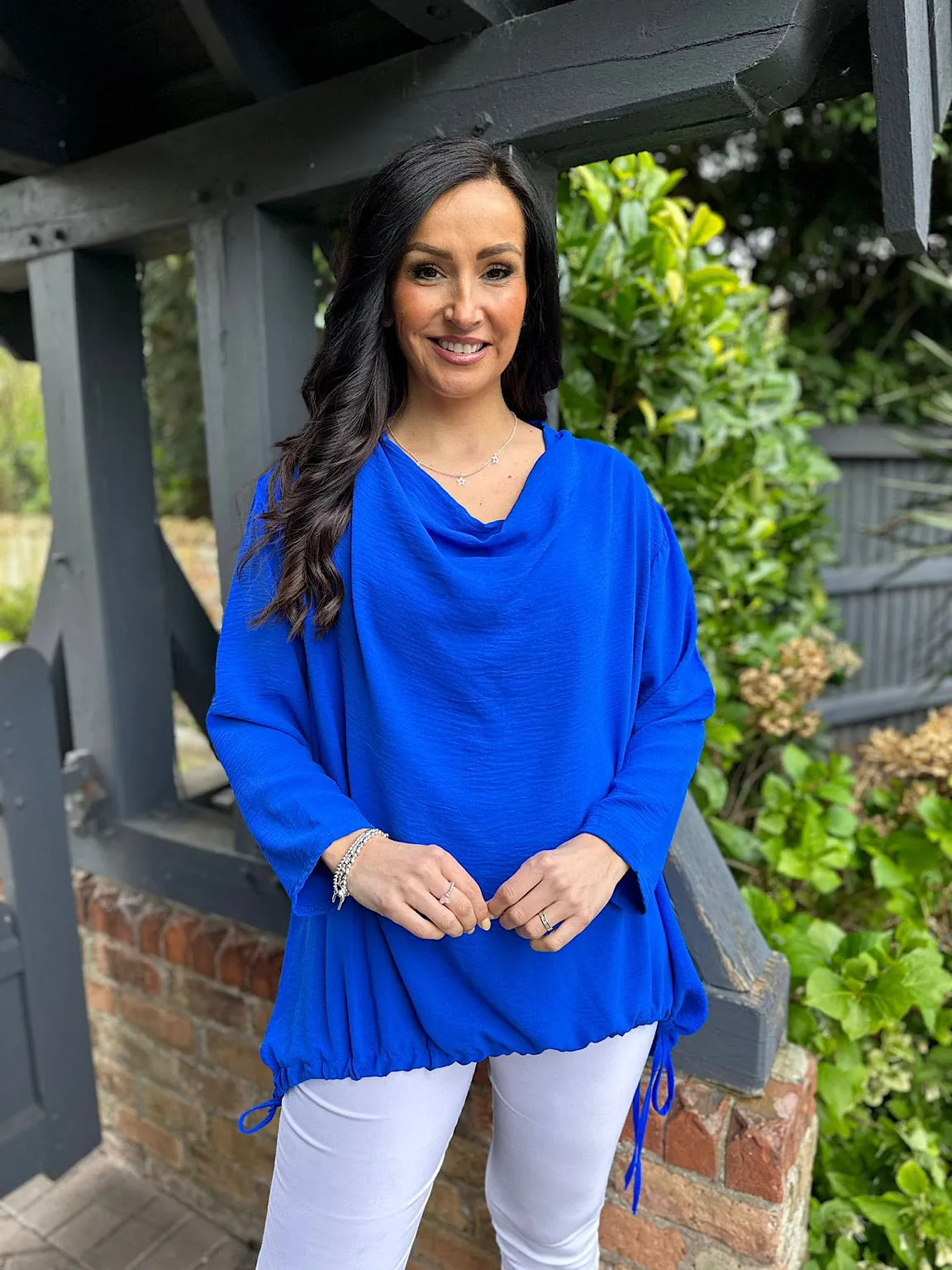 Royal Blue Drape Neck Drawstring Top Gwen