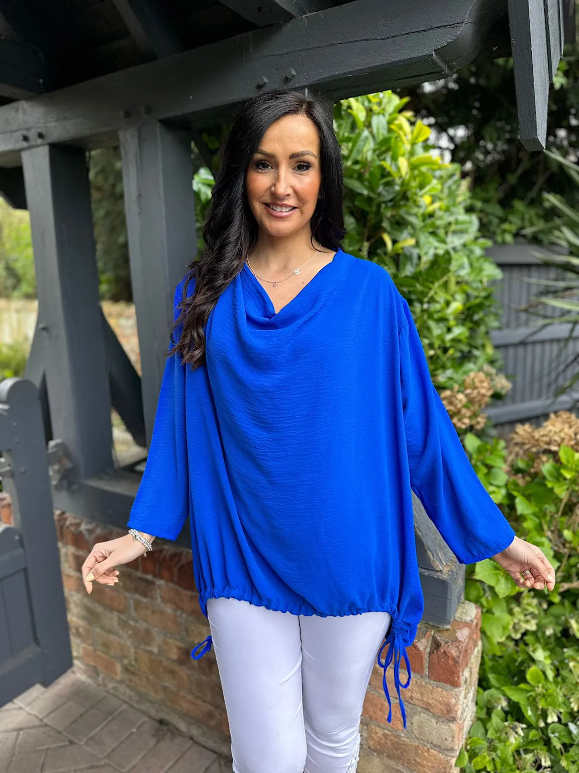 Royal Blue Drape Neck Drawstring Top Gwen