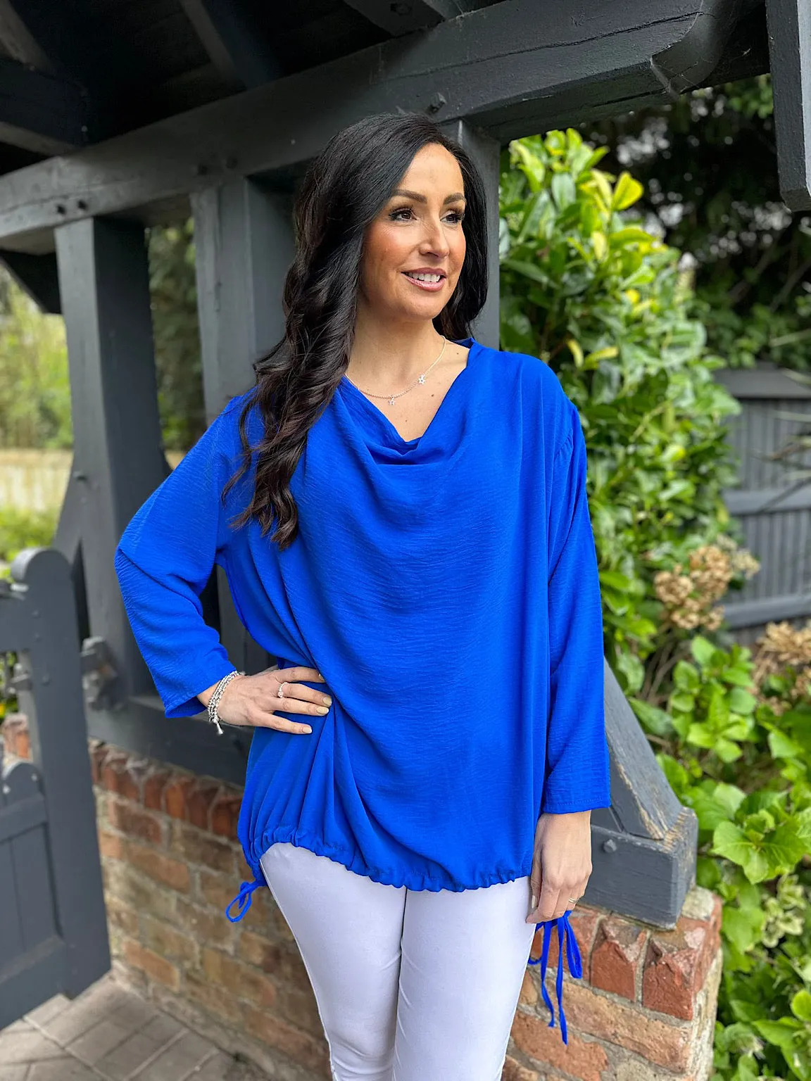 Royal Blue Drape Neck Drawstring Top Gwen