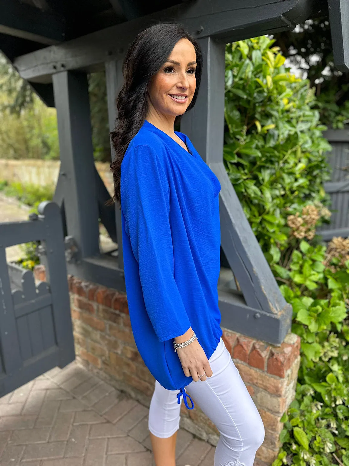 Royal Blue Drape Neck Drawstring Top Gwen