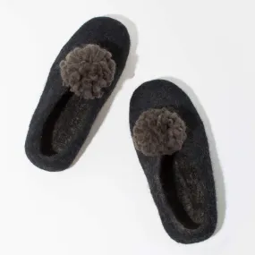 SALE - Pom Pom Felt Slippers - Dark Grey + Black