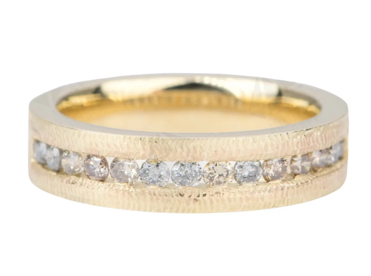 Salt and Pepper & Champagne Diamond Ring Channel Setting 14K Gold 5mm Wedding Band Textured AD2094