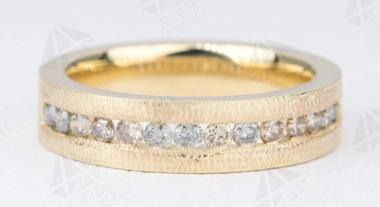 Salt and Pepper & Champagne Diamond Ring Channel Setting 14K Gold 5mm Wedding Band Textured AD2094