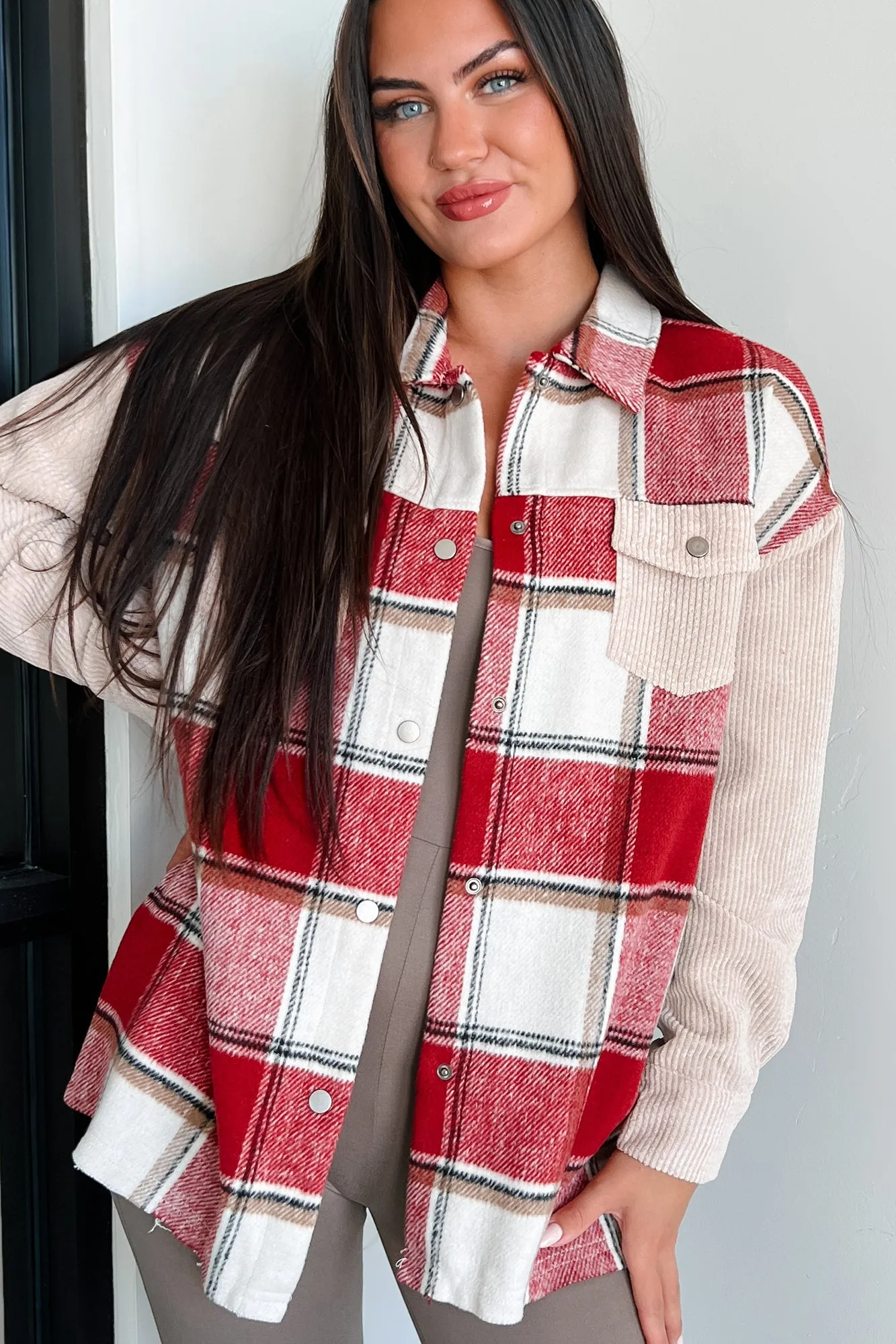 Selfish Decisions Corduroy Sleeve Plaid Shacket (Ruby)