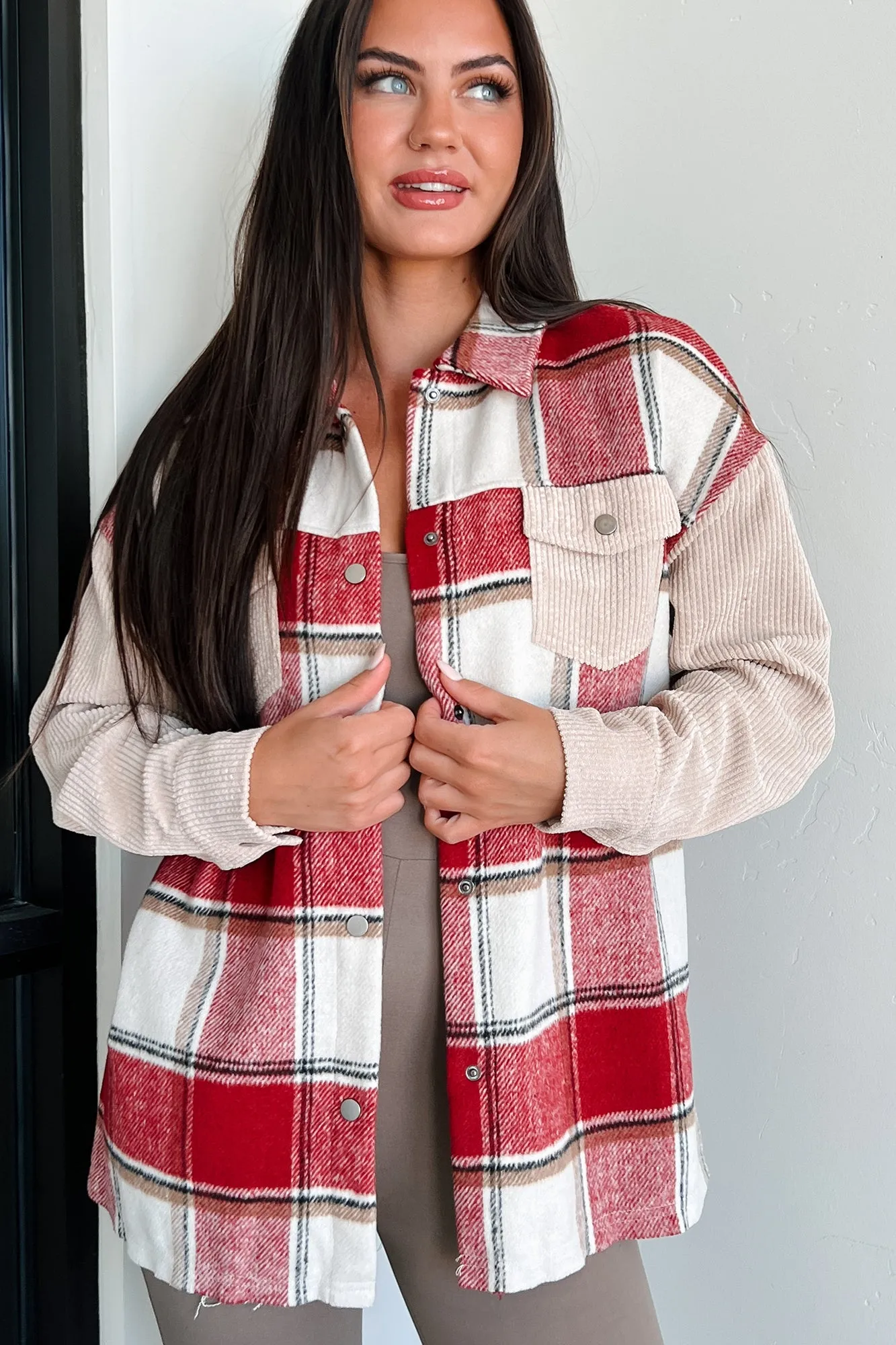 Selfish Decisions Corduroy Sleeve Plaid Shacket (Ruby)