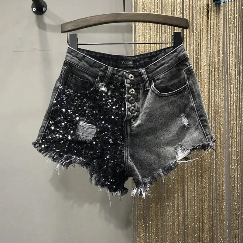 Sequin Denim Shorts High Waist