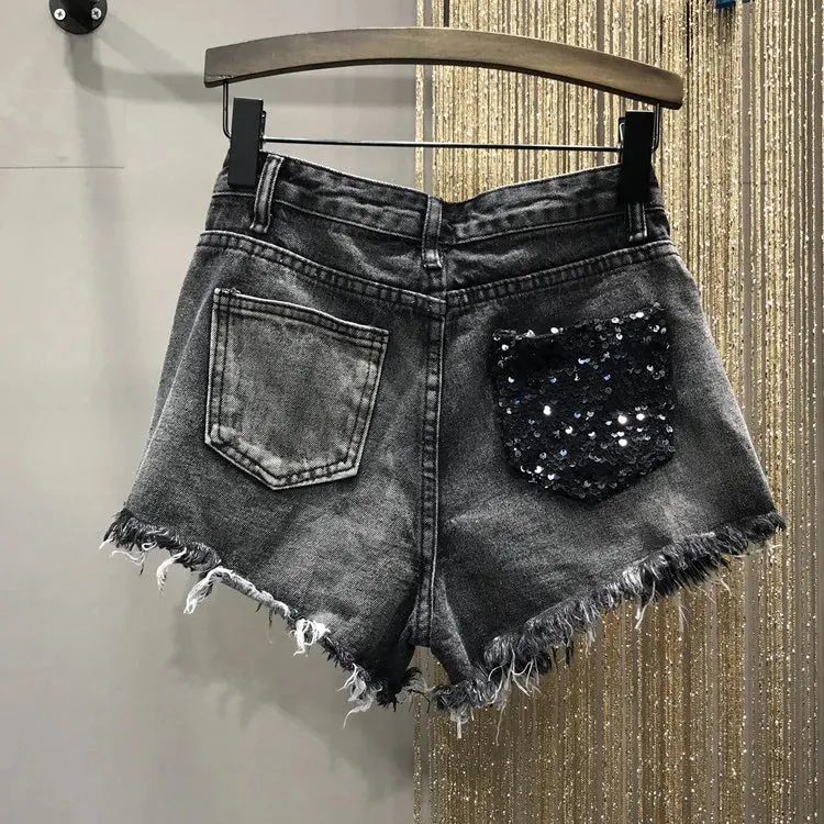 Sequin Denim Shorts High Waist