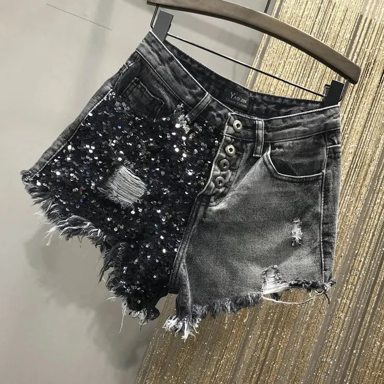 Sequin Denim Shorts High Waist