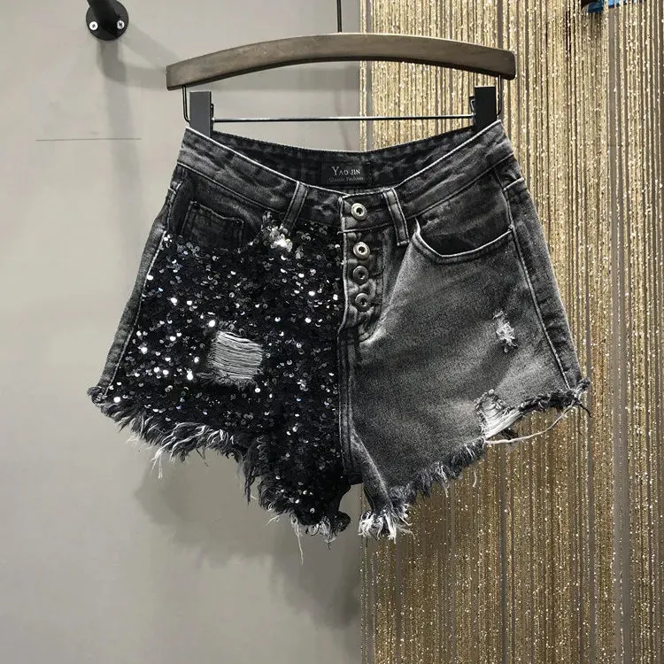 Sequin Denim Shorts High Waist