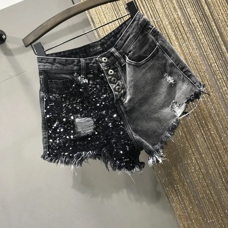 Sequin Denim Shorts High Waist