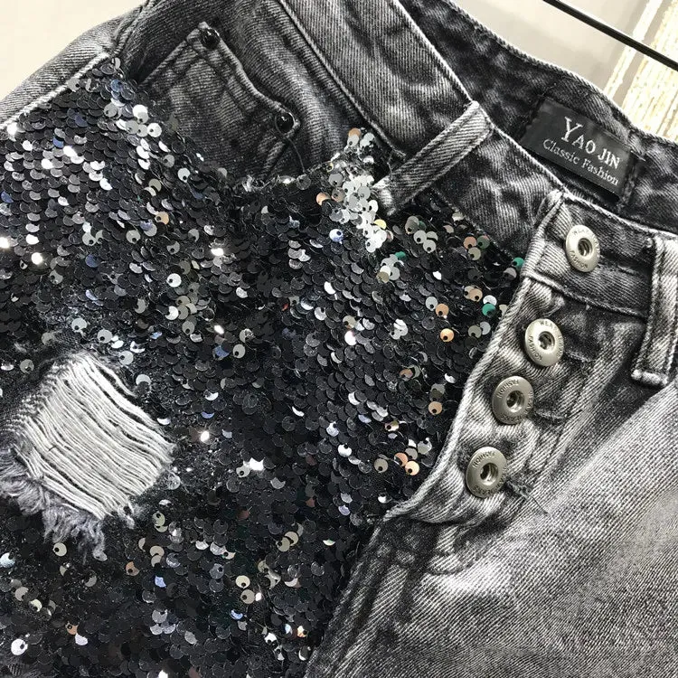 Sequin Denim Shorts High Waist