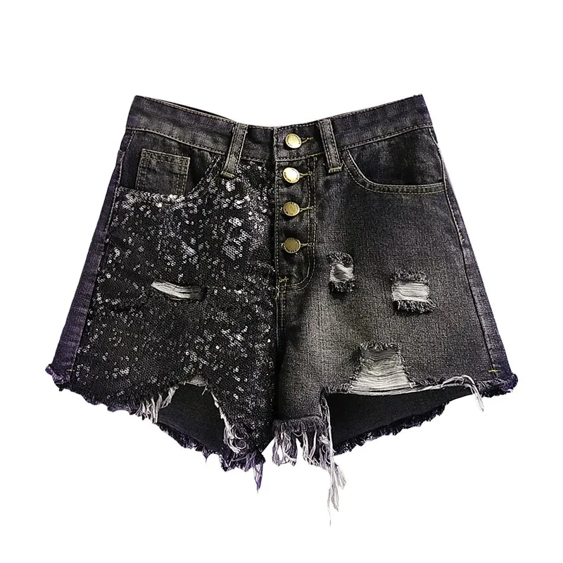 Sequin Denim Shorts High Waist