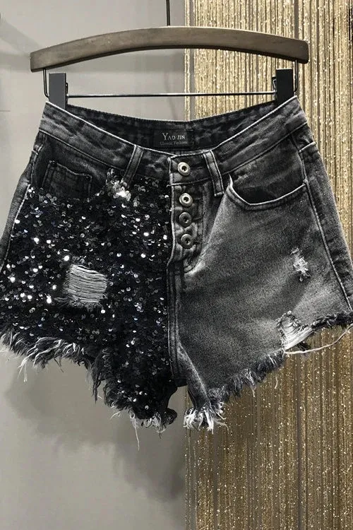 Sequin Denim Shorts High Waist