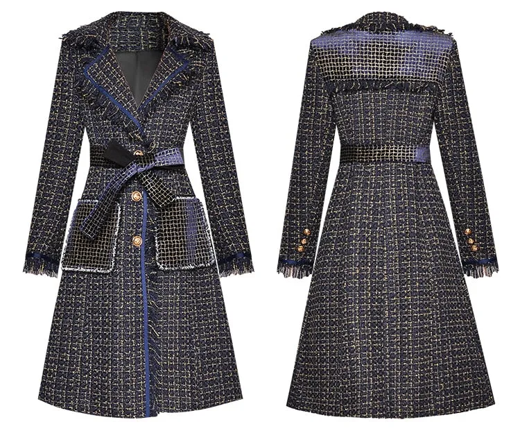 Single-breasted Tassel Plaid Overcoat