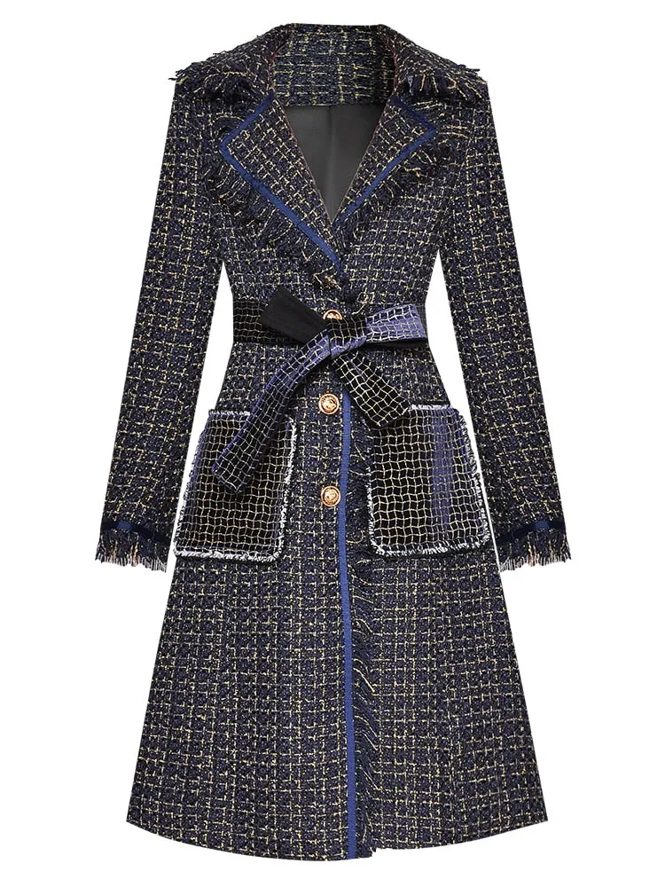 Single-breasted Tassel Plaid Overcoat