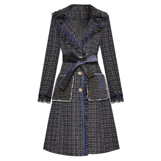 Single-breasted Tassel Plaid Overcoat