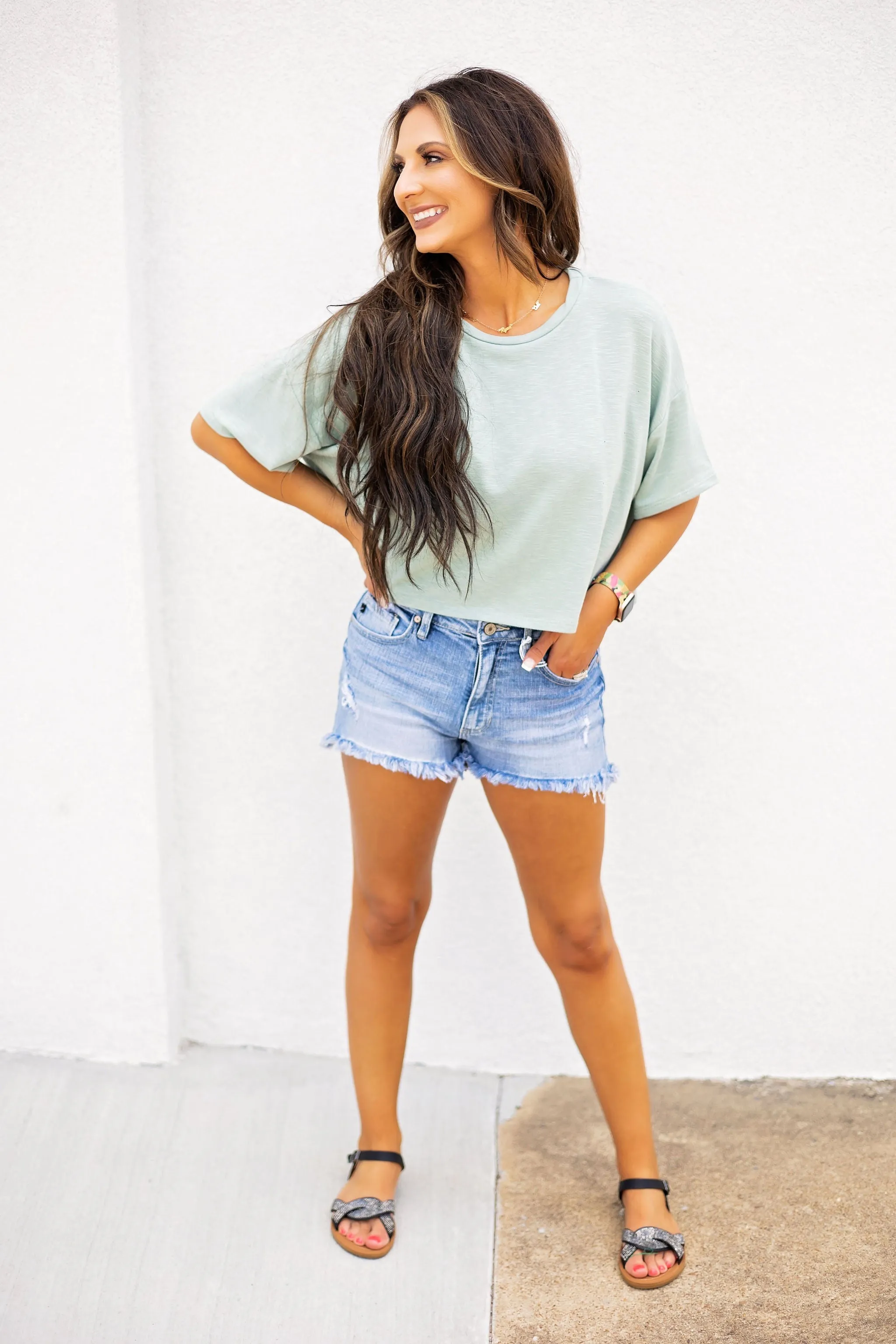 Something Good Distressed Crop - Mint