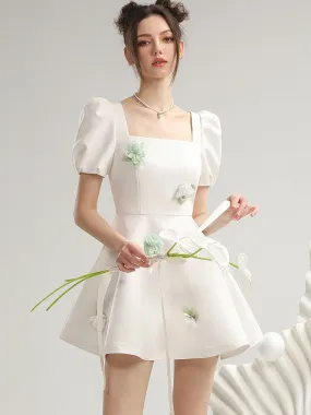 Square-Neck Cute Puff-Sleeve Short Flare Flower One-Pieec