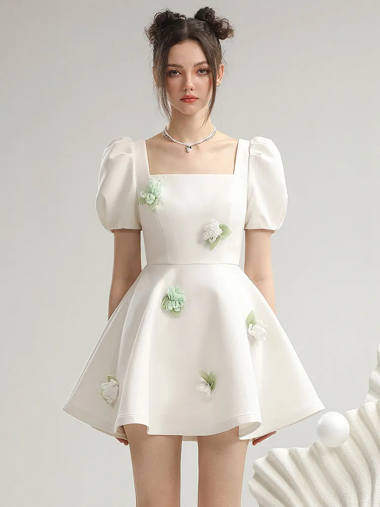 Square-Neck Cute Puff-Sleeve Short Flare Flower One-Pieec