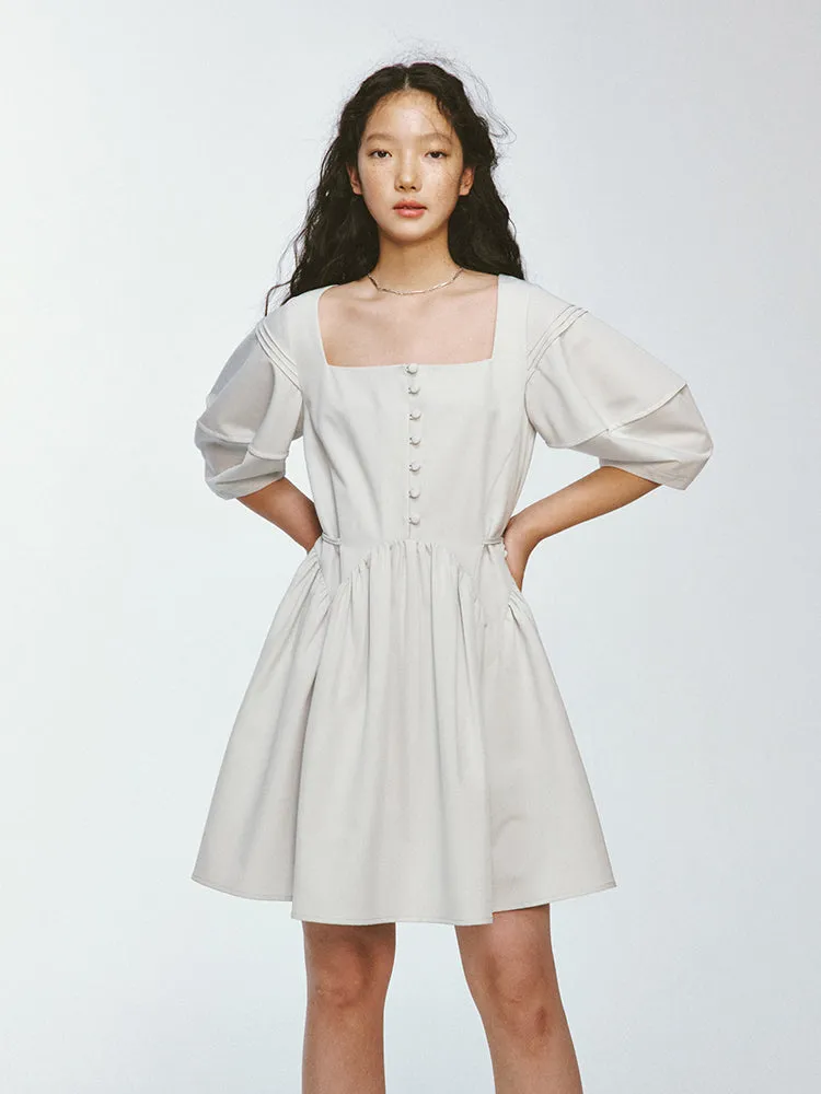 Square-Neck Puff-Sleeve Flare Short Plain One-Piece