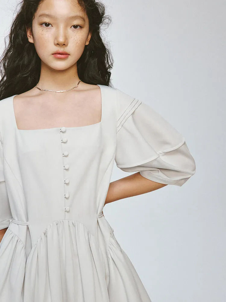 Square-Neck Puff-Sleeve Flare Short Plain One-Piece