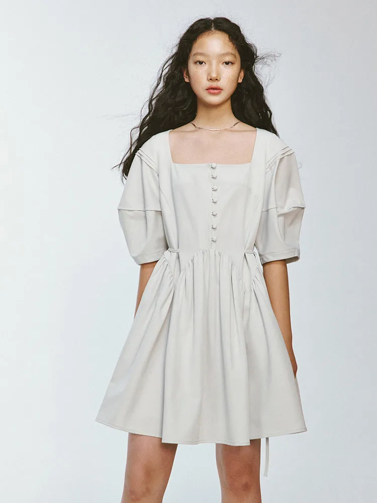 Square-Neck Puff-Sleeve Flare Short Plain One-Piece