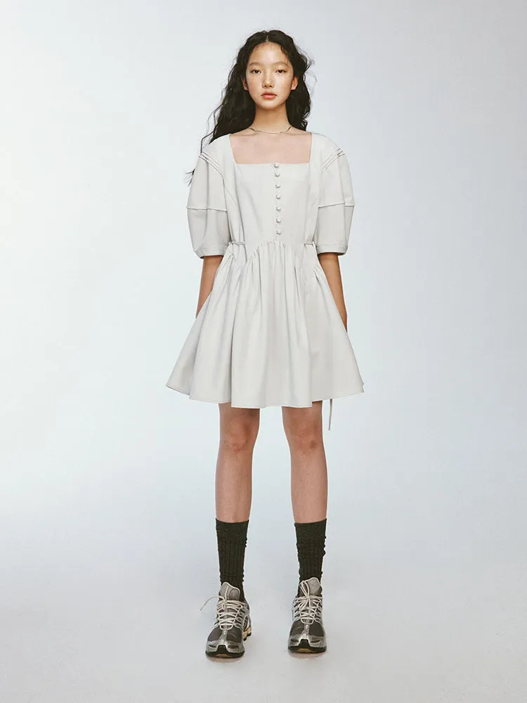 Square-Neck Puff-Sleeve Flare Short Plain One-Piece