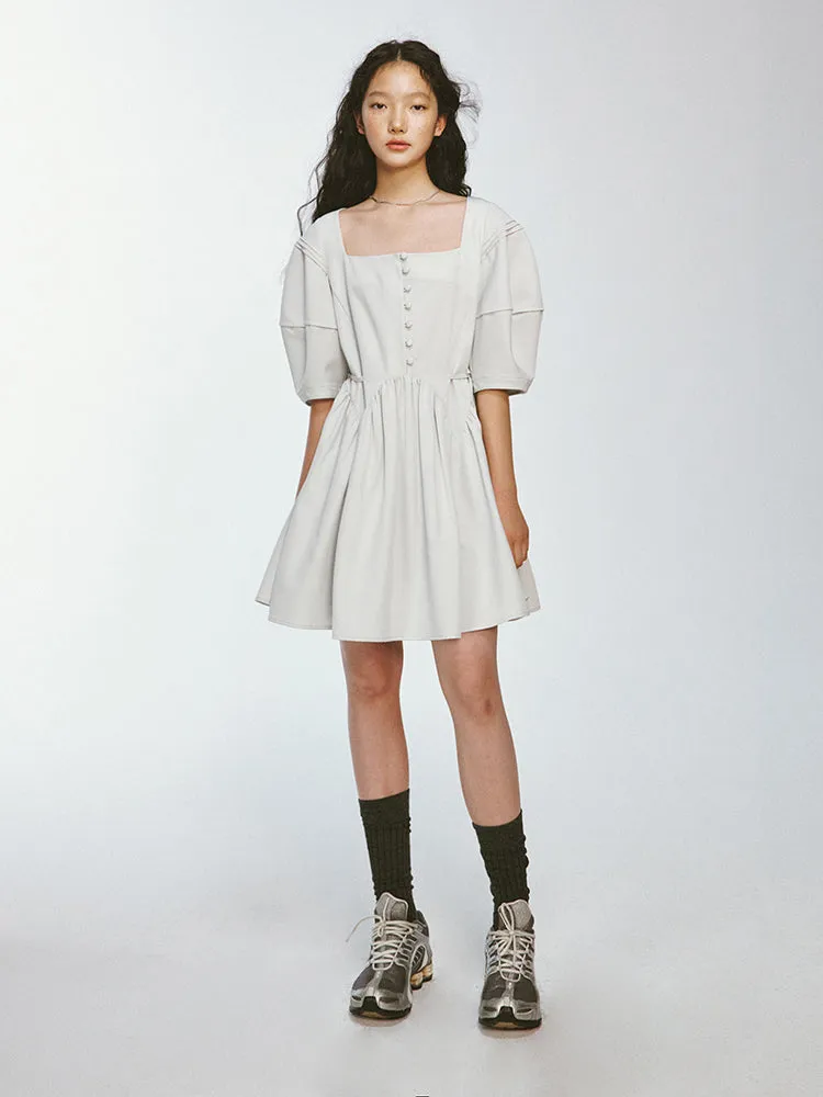 Square-Neck Puff-Sleeve Flare Short Plain One-Piece