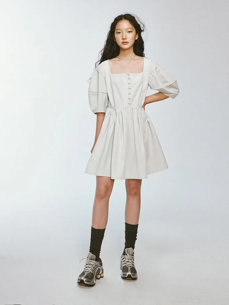 Square-Neck Puff-Sleeve Flare Short Plain One-Piece