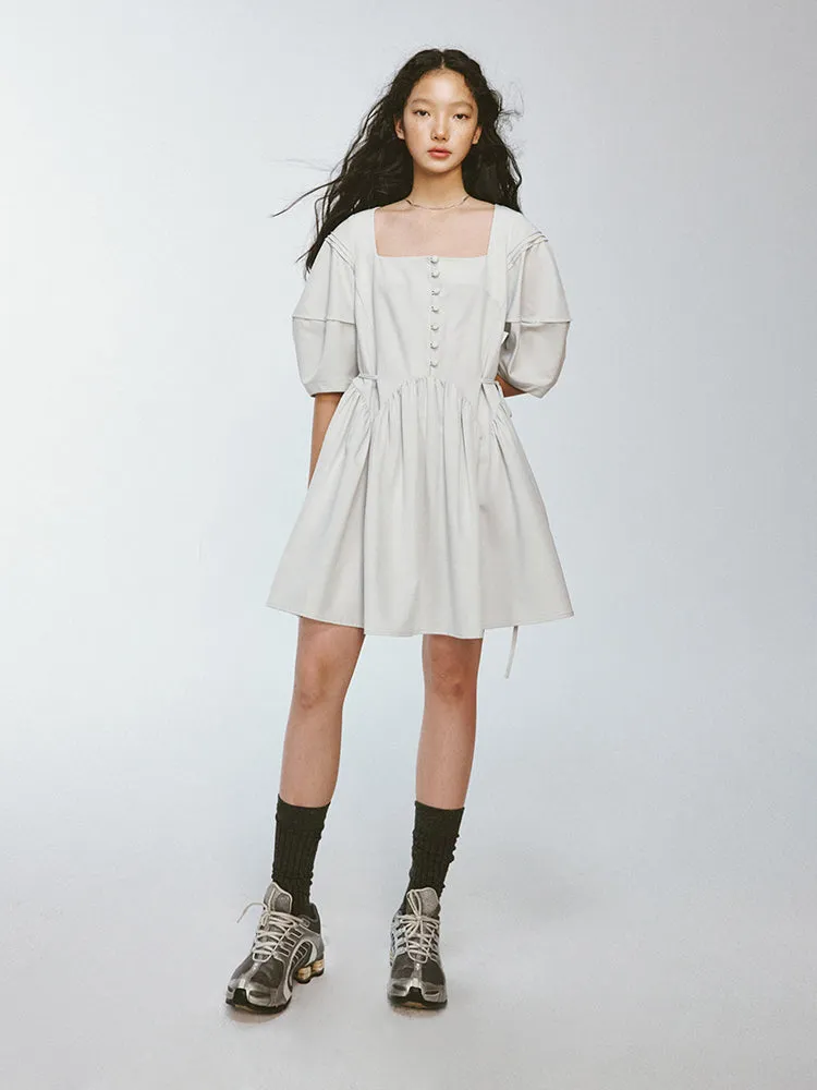 Square-Neck Puff-Sleeve Flare Short Plain One-Piece