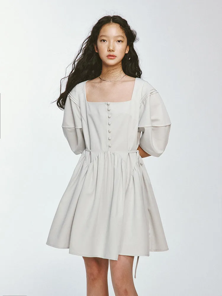 Square-Neck Puff-Sleeve Flare Short Plain One-Piece