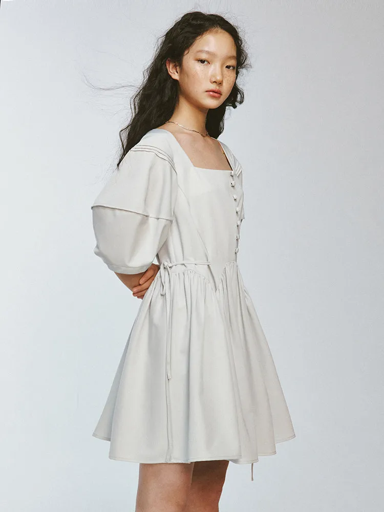 Square-Neck Puff-Sleeve Flare Short Plain One-Piece