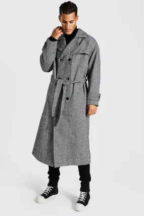 Tall Brushed Herringbone Trench Overcoat | boohooMAN UK