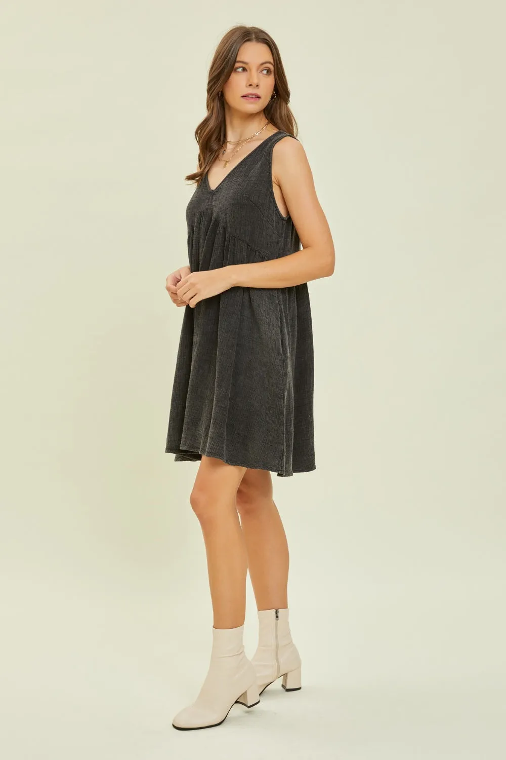 Texture V-Neck Sleeveless Flare Mini Dress