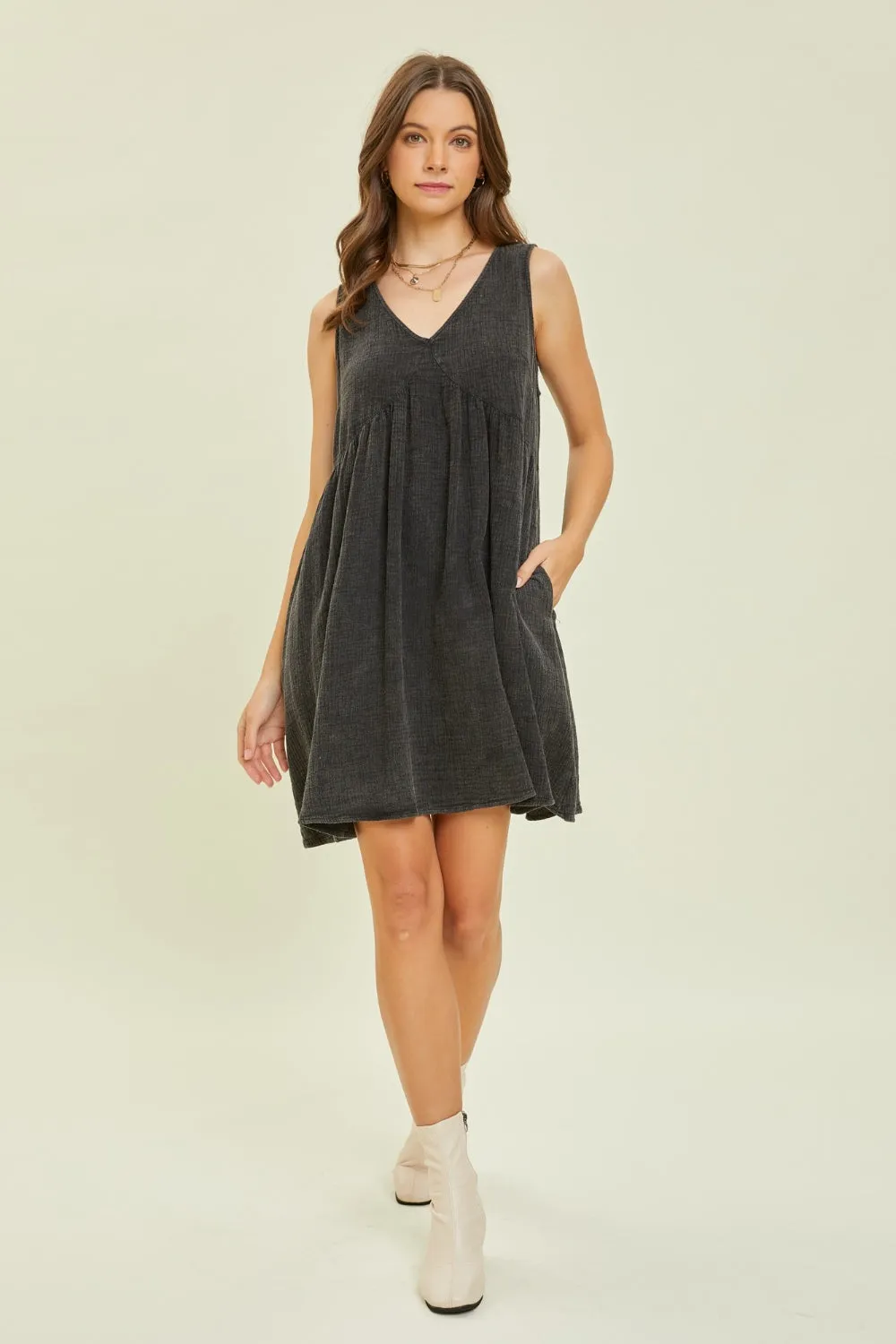 Texture V-Neck Sleeveless Flare Mini Dress