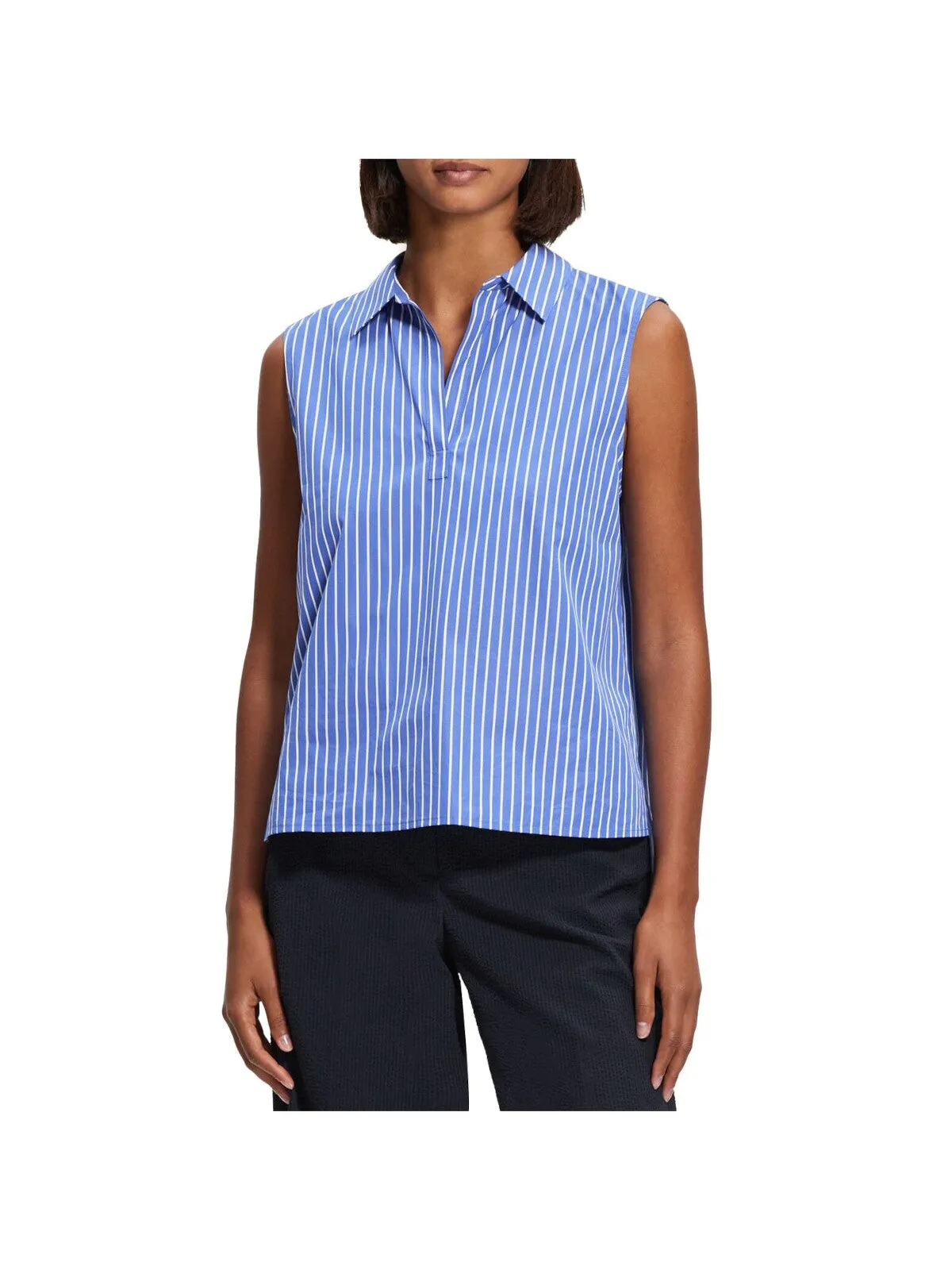 THEORY Womens Blue Striped Sleeveless Collared Top