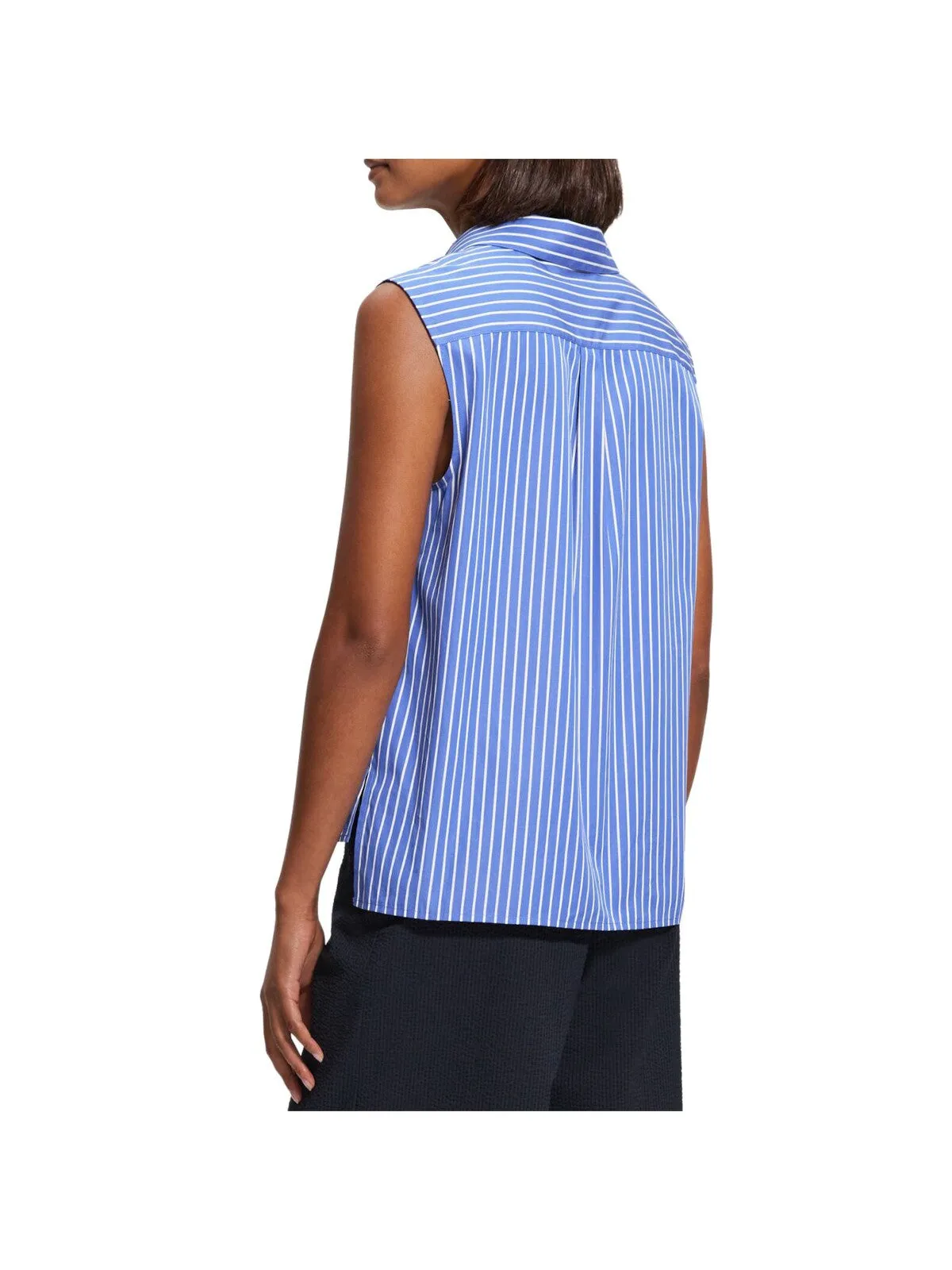 THEORY Womens Blue Striped Sleeveless Collared Top