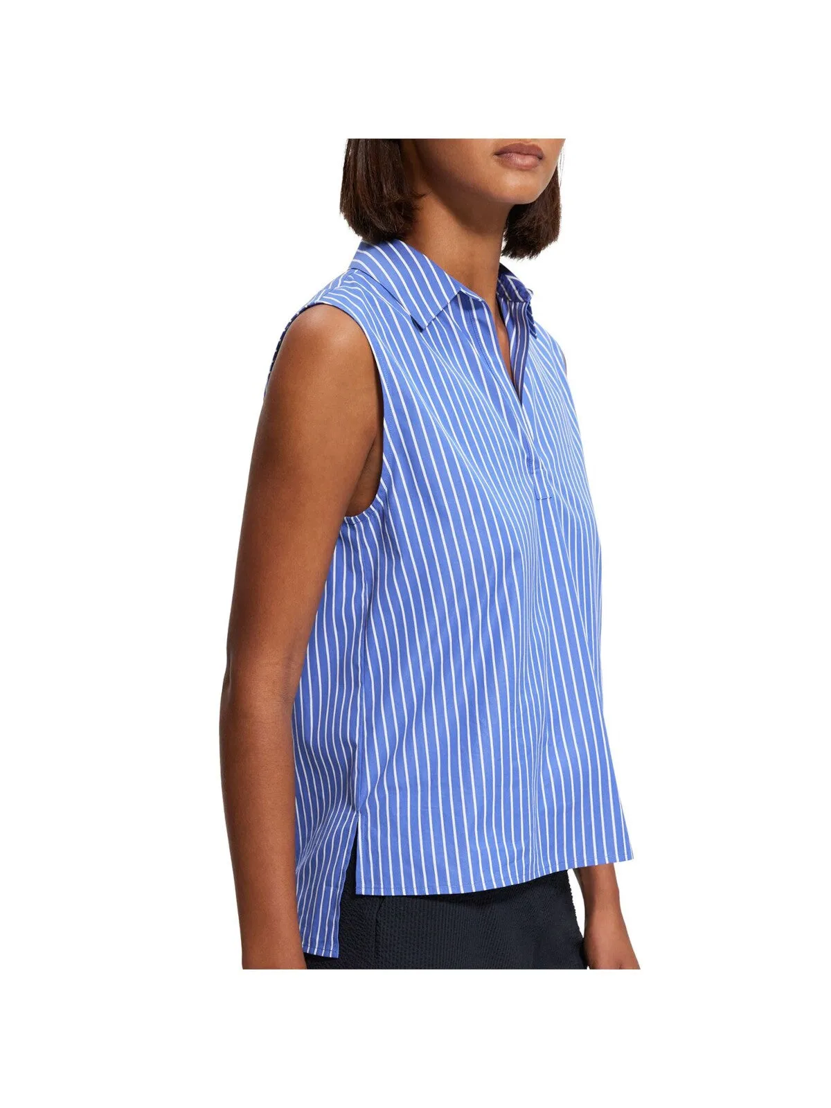 THEORY Womens Blue Striped Sleeveless Collared Top