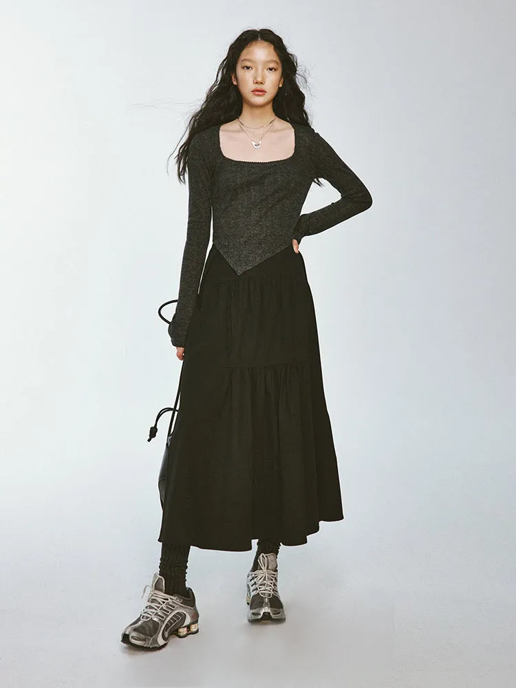 Tiered Asymmetry Plain Flare Simple Long-Skirt