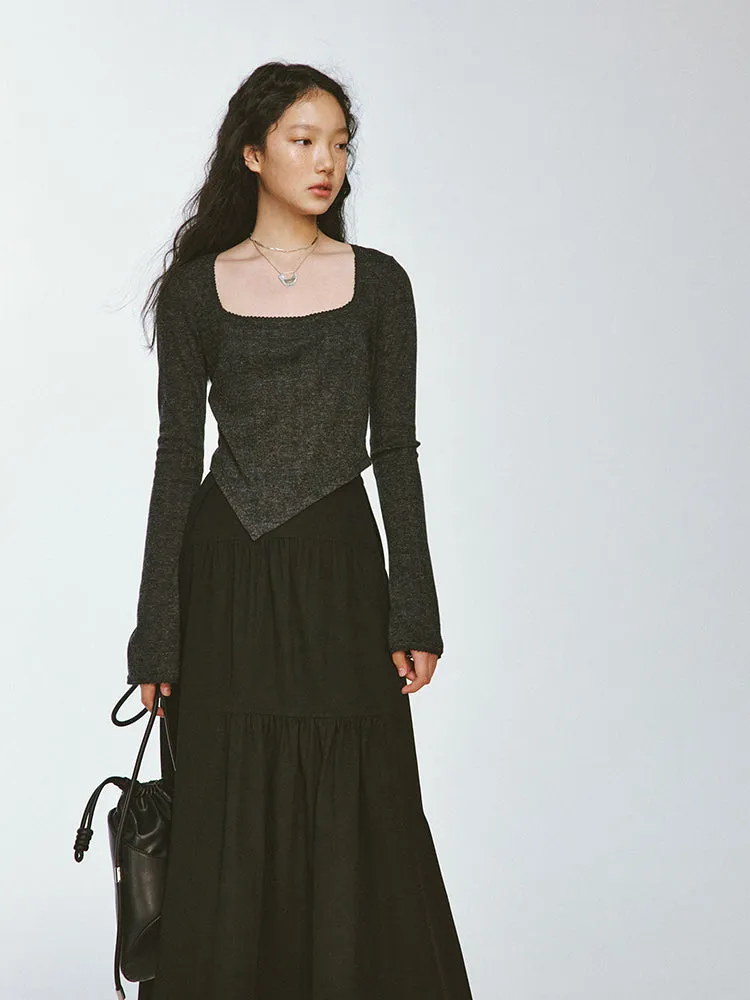 Tiered Asymmetry Plain Flare Simple Long-Skirt