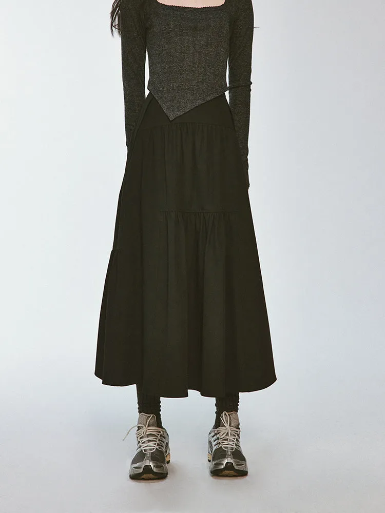 Tiered Asymmetry Plain Flare Simple Long-Skirt