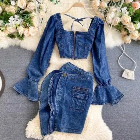 Two Piece Set  Women Sexy Jeans 2 Two Piece Set Long Sleeve Crop Tops And Bodycon Short Denim Skirt Suits for Woman