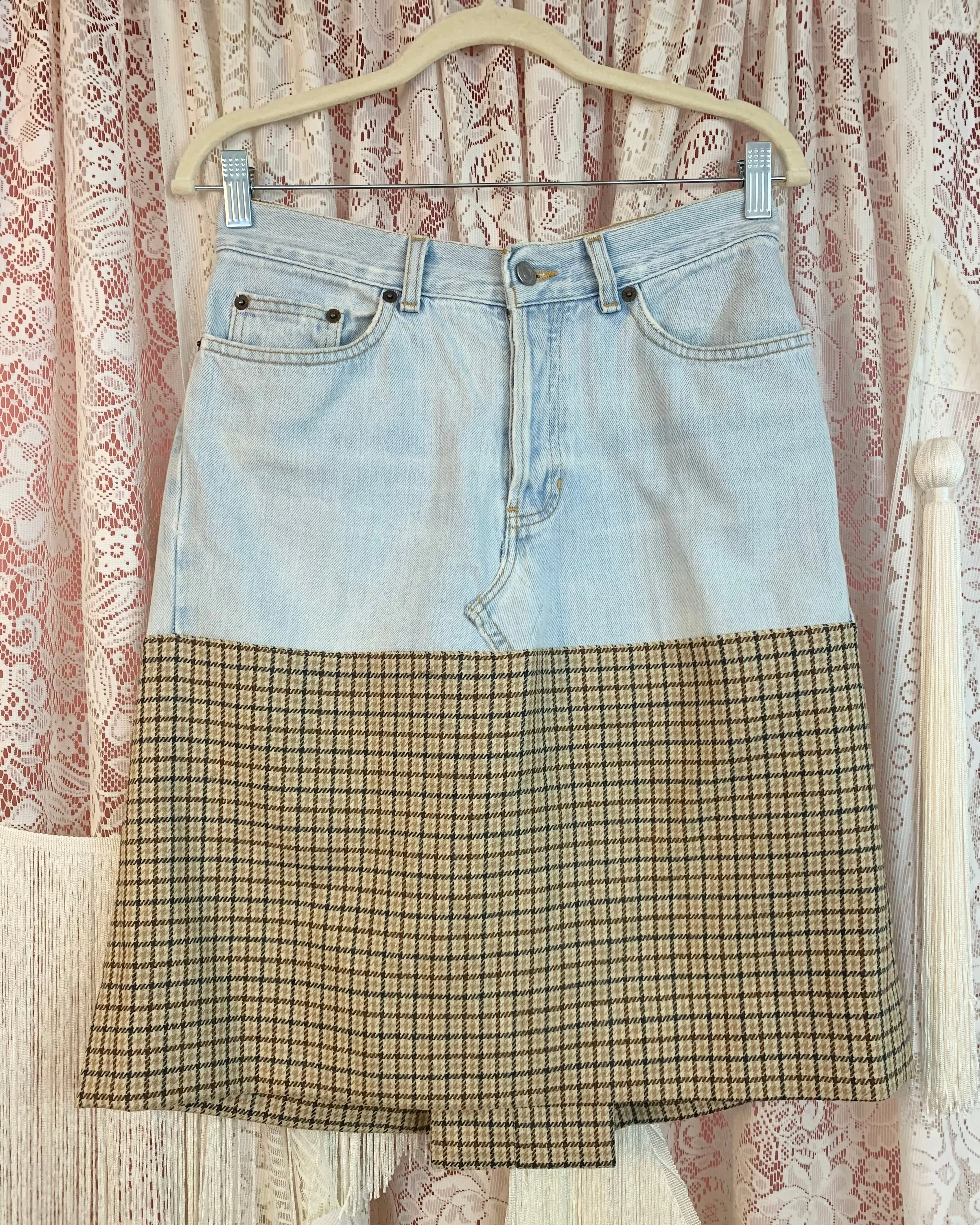 Upcycled denim + plaid midi skirt