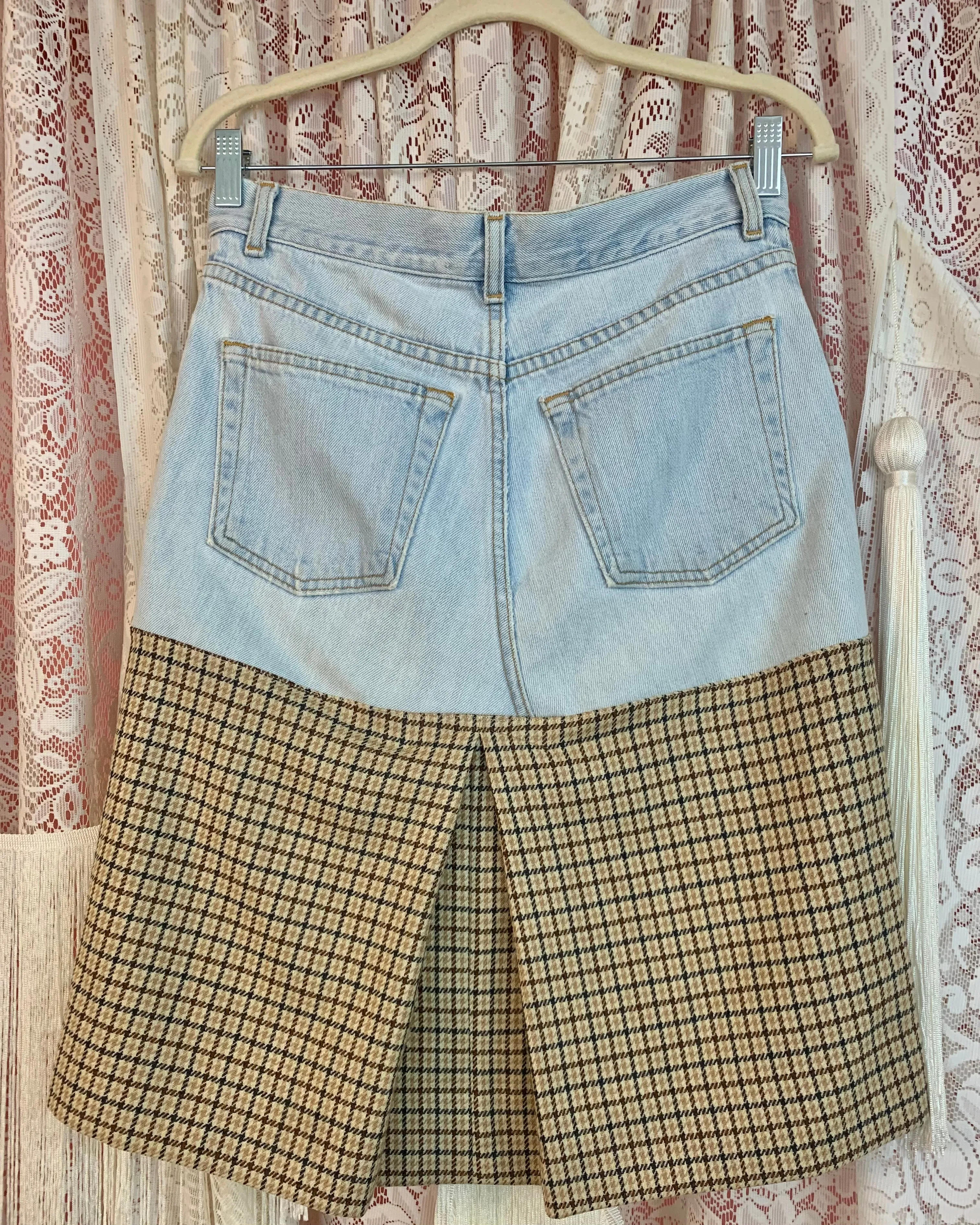 Upcycled denim + plaid midi skirt