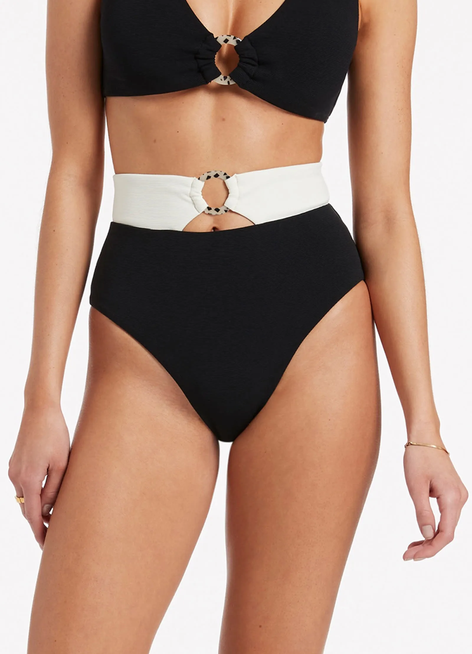 Versa Rib High Waist Bikini Bottom - Black/Cream